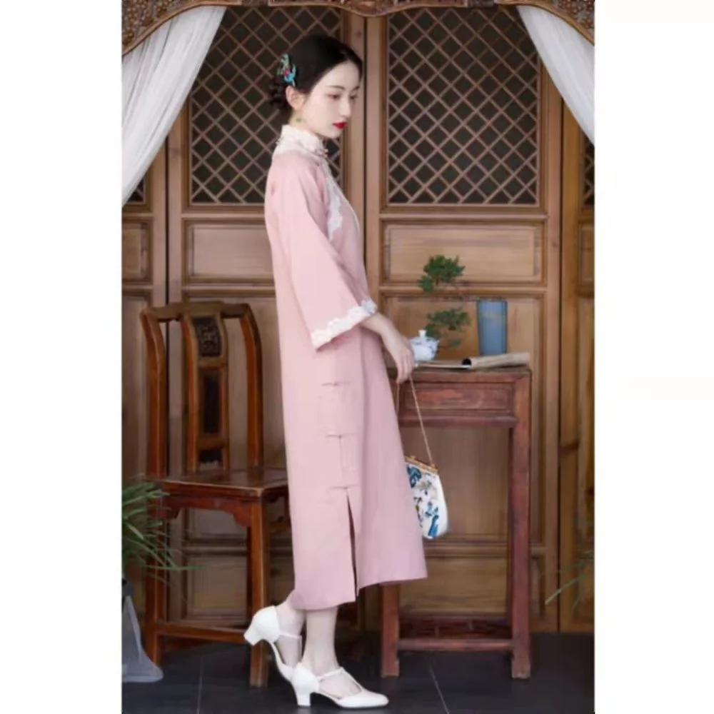 Bežné Čínske Qipao Šaty Čínsky Štýl, Moderné Cheongsam Orientálna Elegantné Party Midi Ružové Šaty Žien Qing Dynastie Šaty