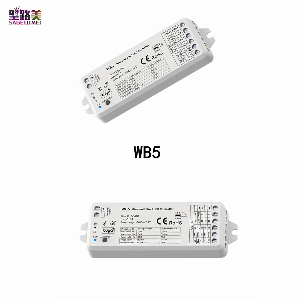 12V-24V 5CH*3A 2.4 G RF 5 in1 LED Bluetooth Radič WB5 Bezdrôtové Diaľkové Tuya Aplikácie Cloud Ovládanie Pre 1-5 Farebné Pásy Svetla