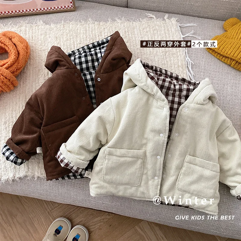 Deti Nosiť Bavlna-čalúnená Oblečenie Na Oboch Stranách 0-6 Rokov Jeseň A v Zime Kockovaný Kabát Dieťa Menčester Cotto