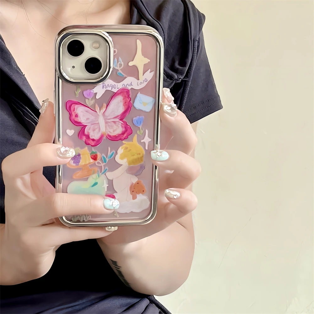 Kórea Roztomilý 3D Color Pearl Náramok Amor Anjel Dieťa Motýľ Pokovovanie Silikónové puzdro pre iPhone 11 12 13 14 Pro Max cartoon kryt