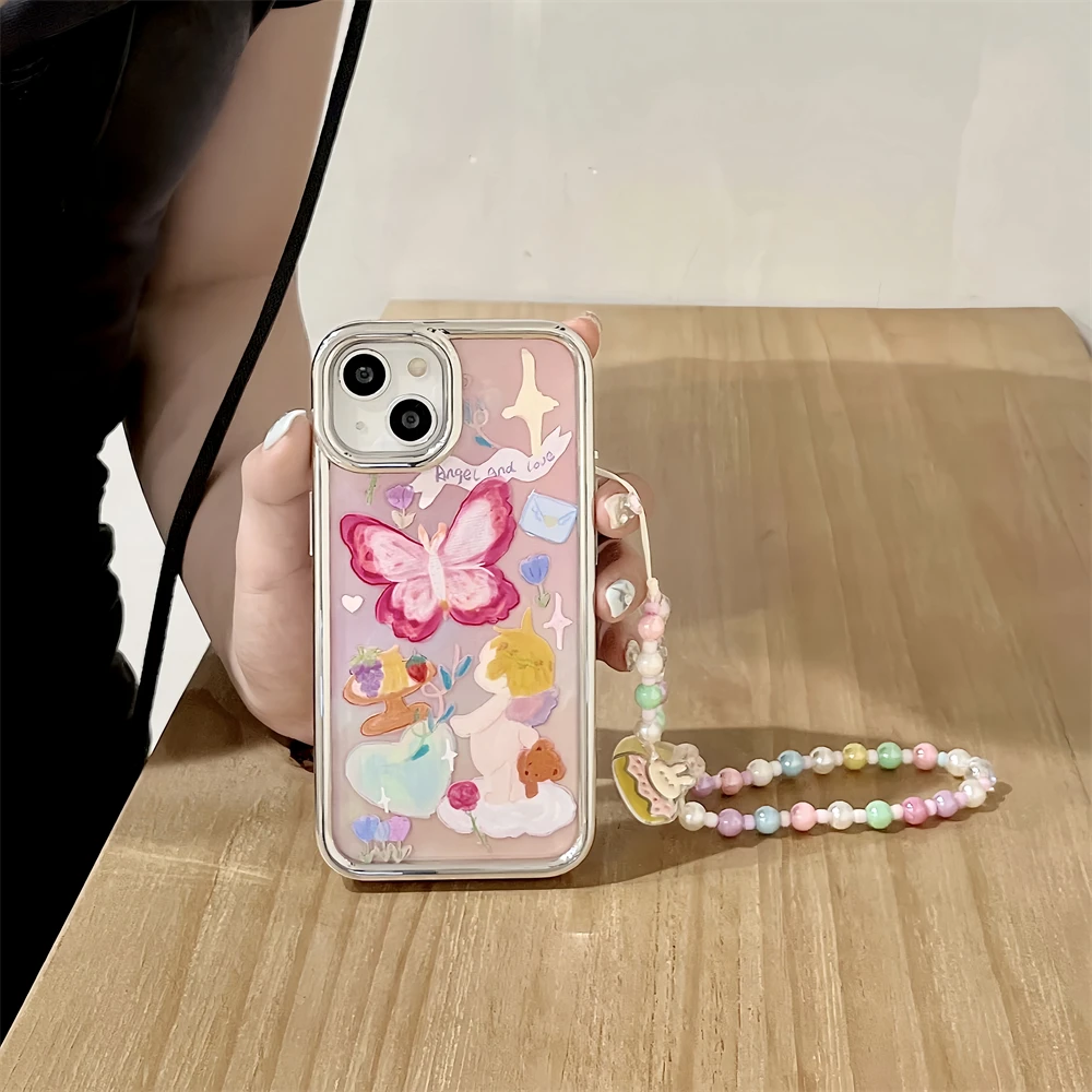 Kórea Roztomilý 3D Color Pearl Náramok Amor Anjel Dieťa Motýľ Pokovovanie Silikónové puzdro pre iPhone 11 12 13 14 Pro Max cartoon kryt