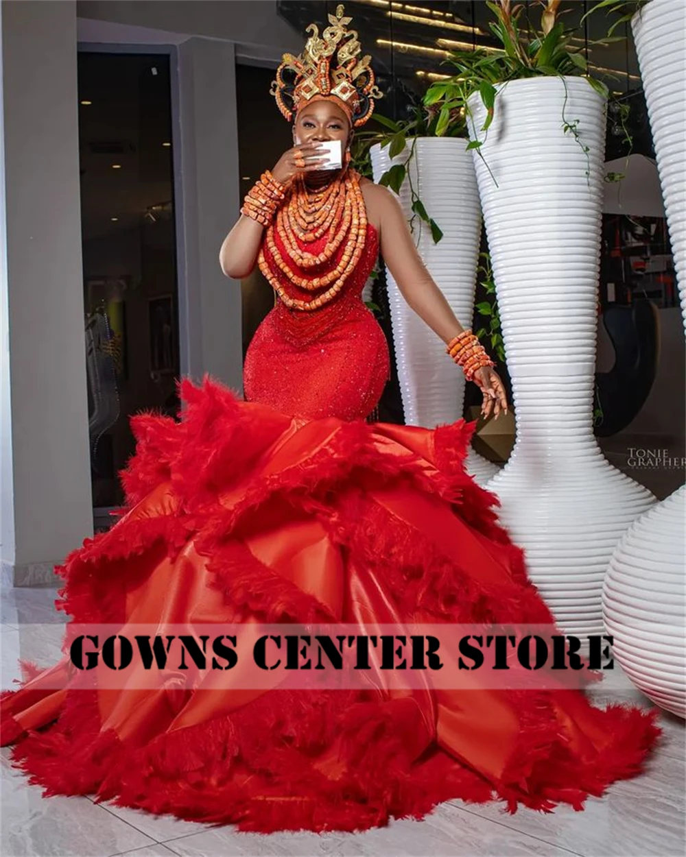 Červené Perie Ruffels Vlak Aso Ebi Luxusných Večerných Šiat Pre Ženy 2023 Korálkové Morská víla Formálne Šaty Elegantné Milú vestido