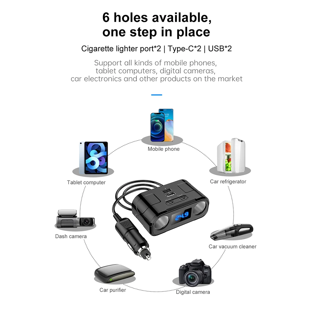 12V/24V 60W 4 Porty USB Nabíjačka do Auta Cigaretový Zapaľovač PD QC3.0 Rýchla Nabíjačka USB A+USB, C Telefón Nabíjačka pre iPhone Xiao Samsung