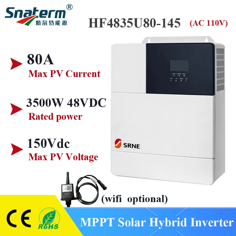 SRNE Off-Grid MPPT Hybrid Solárny Invertor 3.5 KW 48VDC na 110VAC Vstavané MPPT 80A Solárny Regulátor Nabíjania WIFI Voliteľné