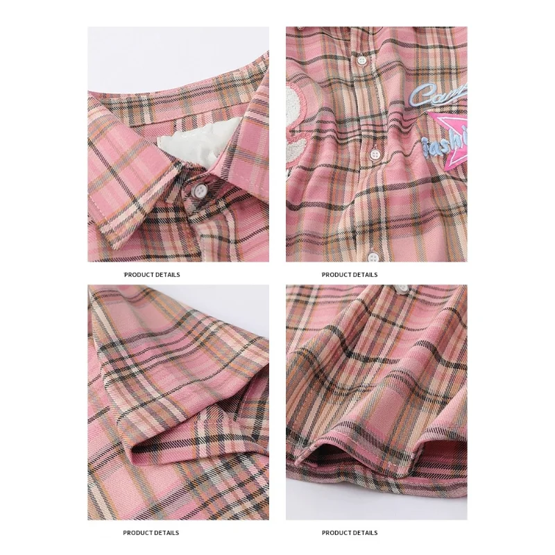 Ružová Kockované Košele kórejský Štýl, Módne Loose Fit Veľké Tričko Y2K Výšivky Bavlnené Tričká Classic Unisex Mužov Ulici Tričko