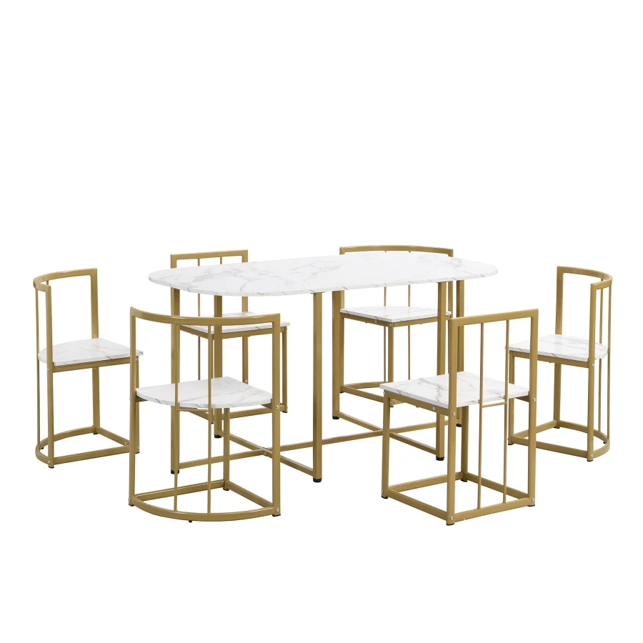Moderný 7-Dielny Jedálenský Stôl Set s Faux Mramoru Kompaktný 55Inch Kuchynský Stôl Set pre 6 osôb, Zlatý+Biely