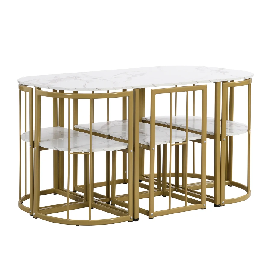 Moderný 7-Dielny Jedálenský Stôl Set s Faux Mramoru Kompaktný 55Inch Kuchynský Stôl Set pre 6 osôb, Zlatý+Biely