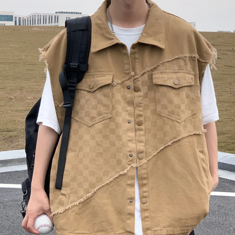 Japonský Multi-vrecko Šachovnica Vzor Denim Vest pánske Letné Náradie Príčinné Voľné High Street Bundy Mužské Oblečenie