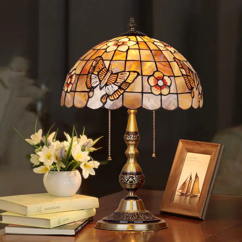 TEMOU Moderné Mosadz Tiffany stolná Lampa LED Európskej Retro Luxusné Tvorivé Shell Stôl Svetlo pre Domáce Obývacia Izba, Spálňa