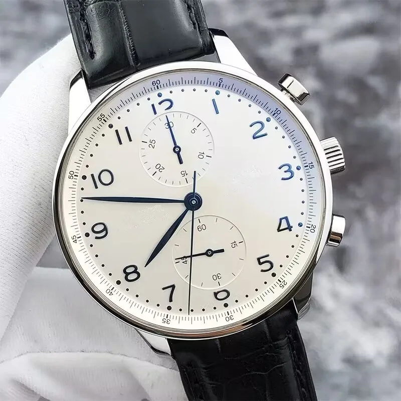 Luxusný Vysoko Kvalitné Pánske Automatické Mechanického Pohybu Portugueses Série Kožené Hodinky Business Black White Náramkové hodinky 43mm
