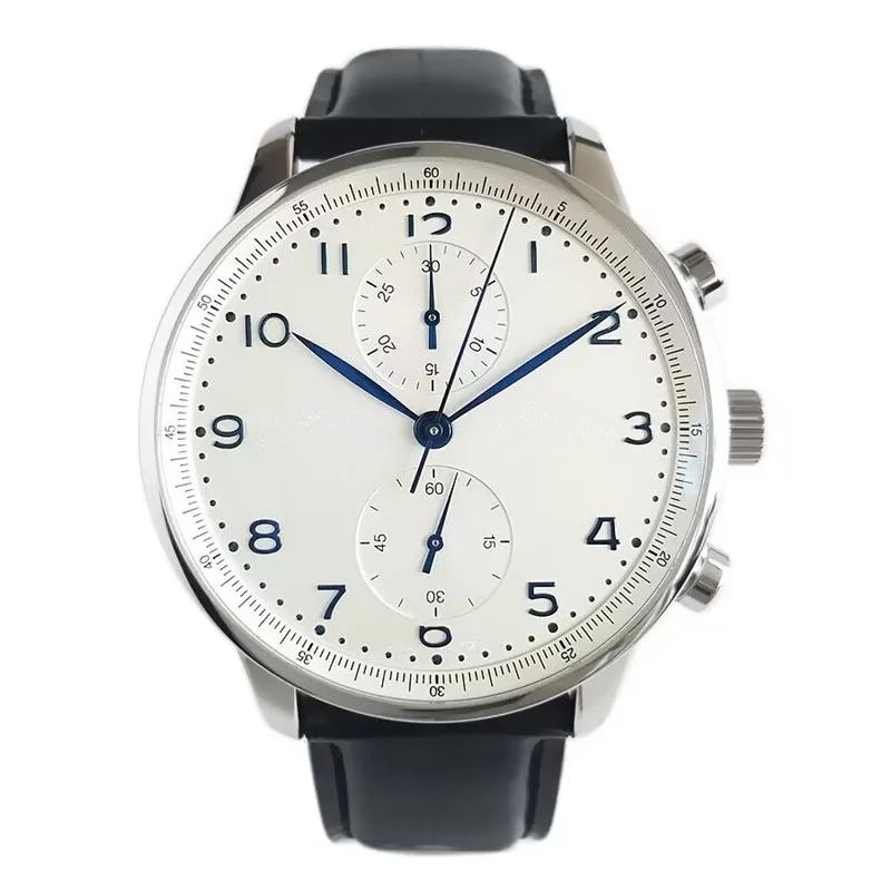 Luxusný Vysoko Kvalitné Pánske Automatické Mechanického Pohybu Portugueses Série Kožené Hodinky Business Black White Náramkové hodinky 43mm