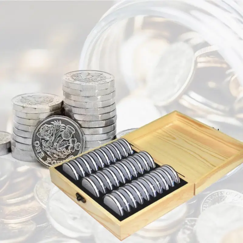 Grid Mince Úložný Box Okrúhle Mince Skladovanie Drevené Prípade Pamätnej Mince Zberné Nádoby Mince Kapsule Univerzálny