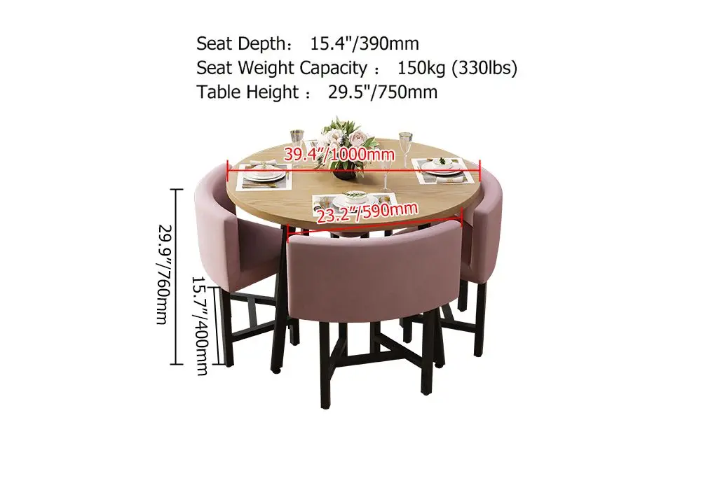Okrúhle Drevené Malý Jedálenský Stôl Sada Ružová 4 Čalúnené Stoličky pre Kút, Balkón