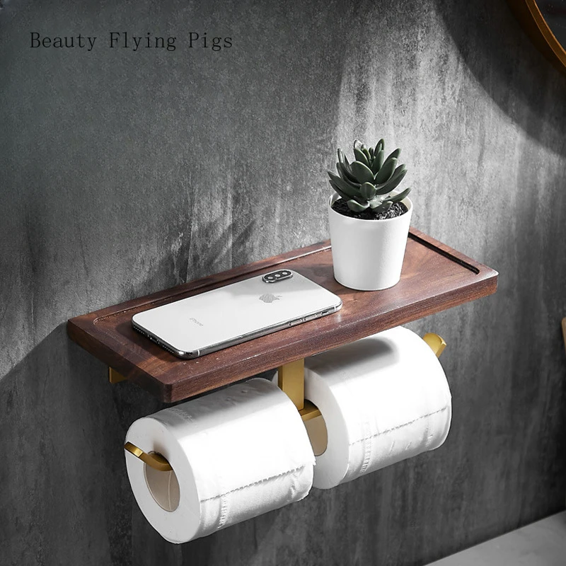 Priestor hliníkový čierny orech wc tkaniva rack kúpeľňa stene visí úložný stojan paper roll stojan