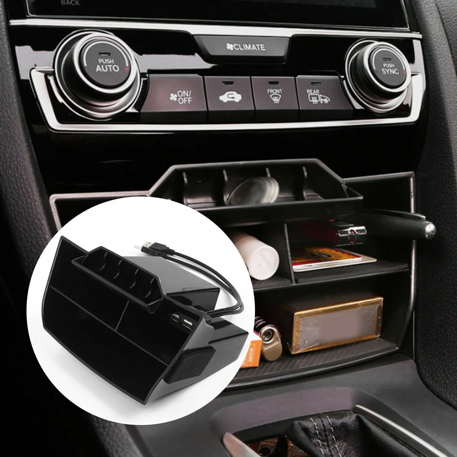 pre Honda Civic 2016 2017 2018 2019 Interiérové Doplnky Auto Čierny ABS Vnútorné Konzoly Centrálnej Úložný Box s USB Portom