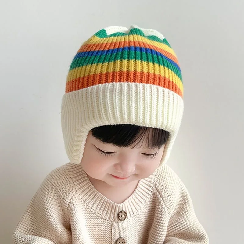 2023 Jesenné a Zimné Detské Pletené Klobúk kórejský Rainbow Prekladané Spp pre Batoľa Teplé Ochranu Sluchu Kapoty Chlapci Dievčatá Farebné Čiapky
