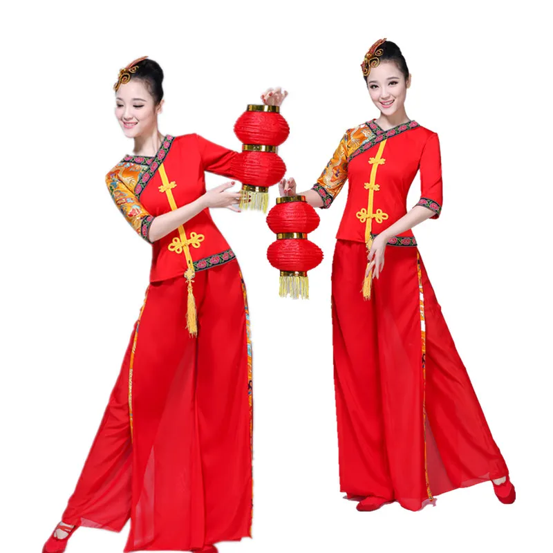 Ženy Klasické Yangko Tanečné Nosiť Červené Tang Vyhovovali Sady Starovekej Čínskej Národnej Oblečenie Na Nový Rok Festival Výkon Kostým