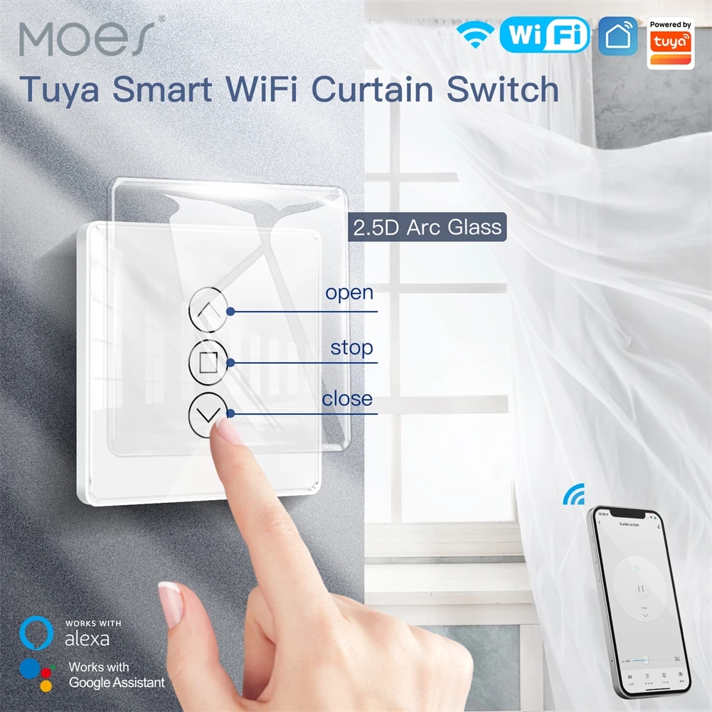 MOES WiFi RF433 Smart 2.5 D Oblúkové Sklo Dotykové Opony Prepínač pre Rolety, Žalúzie, Inteligentný Život/Tuya APLIKÁCIA Funguje Alexa Domovská stránka Google