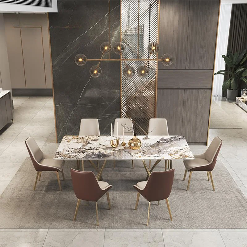 Skalné Platne Obdĺžnikový Jedálenský Stôl Set 6 Stoličiek, Zlaté Domova Nábytok, Luxusné Moderné Stručné Spekaných Kameň Kuchynský Stôl